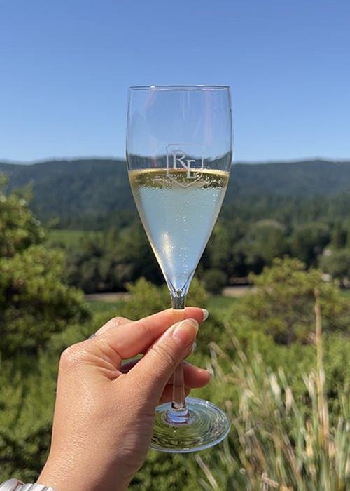 A glass of sparkling wine in front of the Anderson Valley.